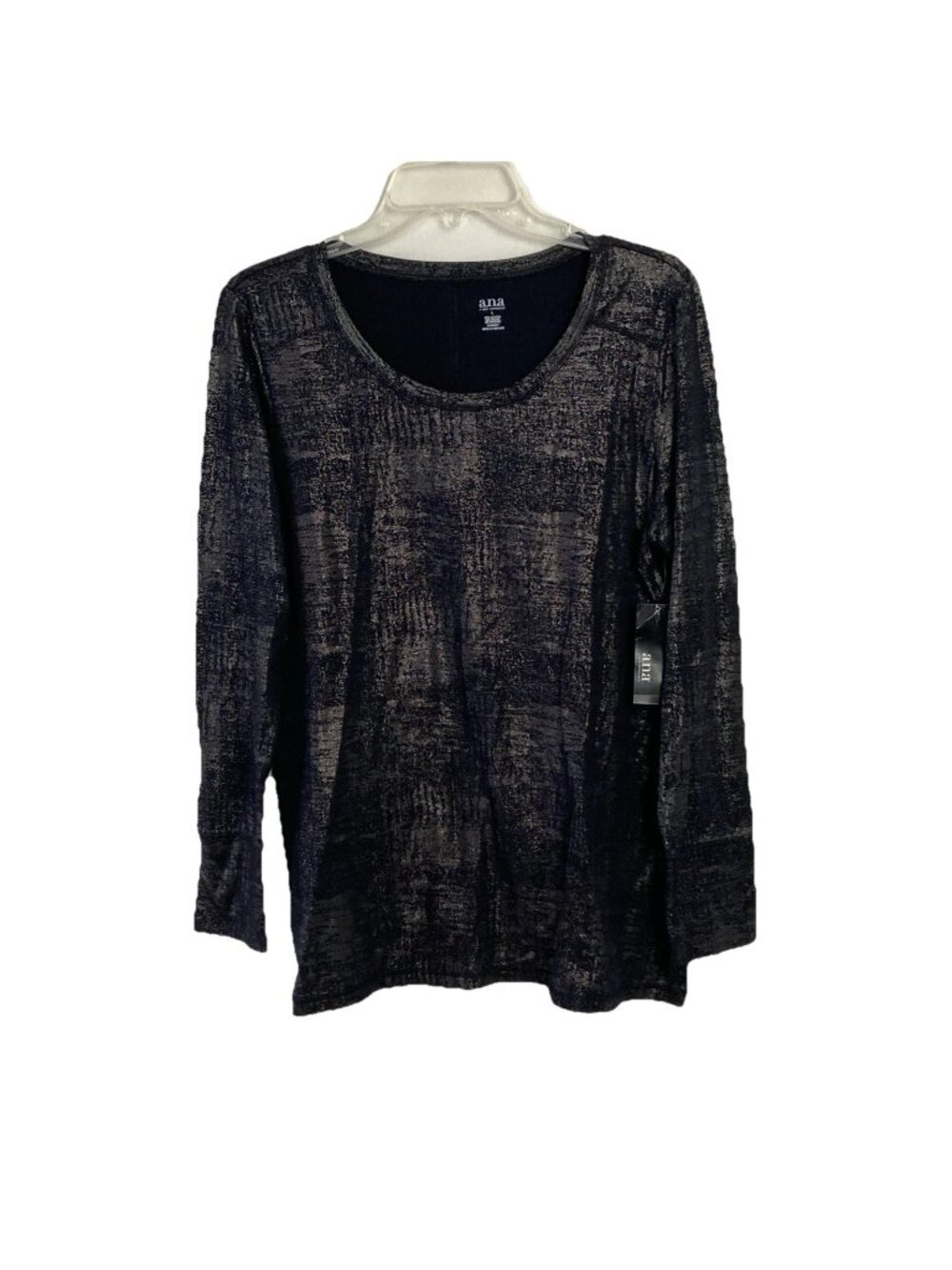 Ana A New Approach Womens Black & Silver Foil Crew Neck L/S Casual Stretch Top L